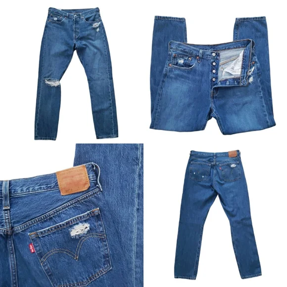 Levi's 501 Skinny Premium Jeans Big "E" Denim Blue Wash Distressed Size 30 hi Ri - Picture 2 of 16